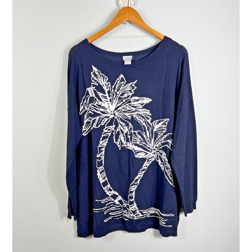 Chico's Sweater Women XL Navy Blue Ciao Graphic Intarsia Knit Long Sleeve Top